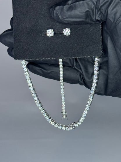 Gray&Co Complete Luxury Moissanite Set – 4mm Tennis Chain, 3mm Tennis Bracelet & 1ct Stud Earrings – VVS1 D Color – 925 Sterling Silver